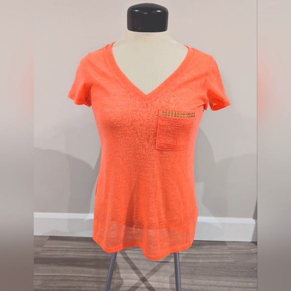 Neon Coral dynamite polyester studded sheer t-shirt - Picture 1 of 6